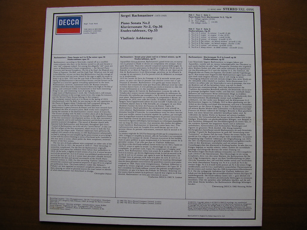 RACHMANINOV: PIANO SONATA No. 2 / ETUDES TABLEAUX Op. 33      VLADIMIR ASKENAZY      SXL 6996