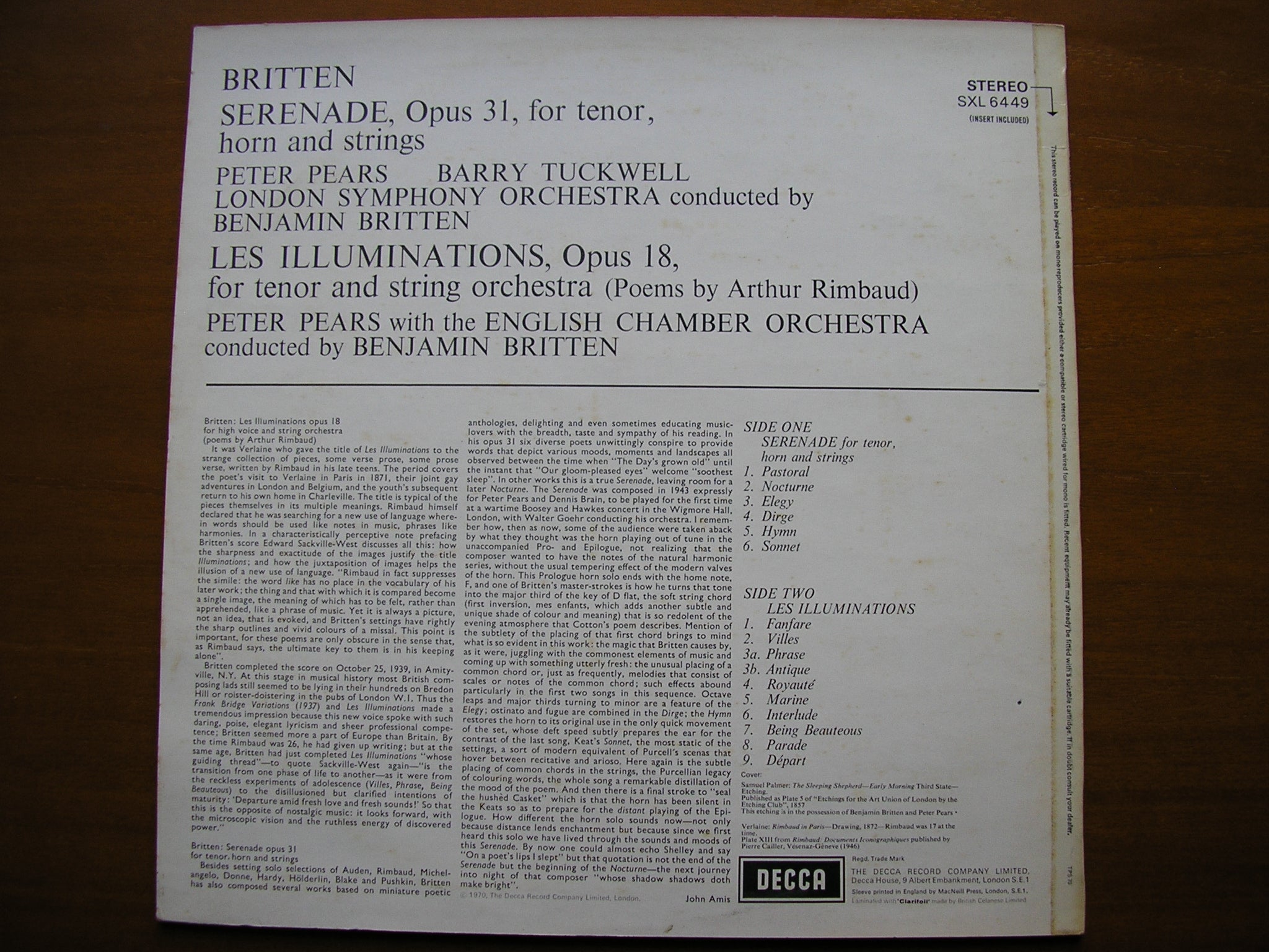 BRITTEN: SERENADE FOR TENOR, HORN & STRINGS / LES ILLUMINATIONS     PEARS / TUCKWELL / LSO / ECO / BRITTEN      SXL 6449