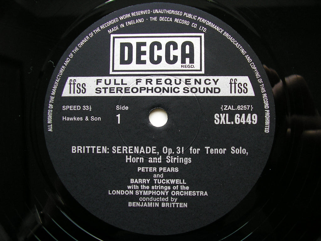 BRITTEN: SERENADE FOR TENOR, HORN & STRINGS / LES ILLUMINATIONS     PEARS / TUCKWELL / LSO / ECO / BRITTEN      SXL 6449