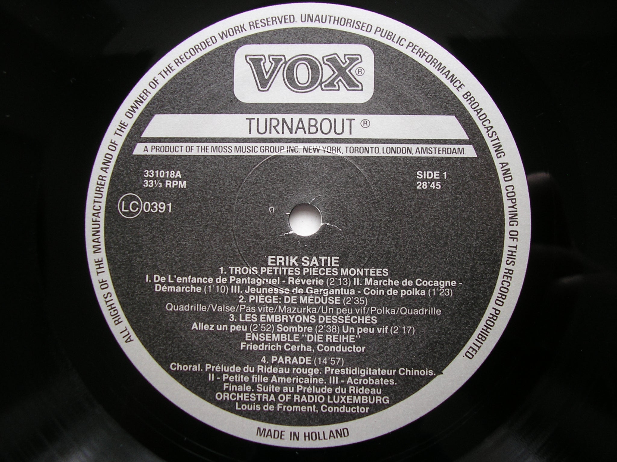 SATIE: PARADE / LA BELLE EXCENTRIQUE / 3 LITTLE BALLET PIECES / THE MEDUSA SNARE      FROMENT / LUXEMBOURG ORCHESTRA       TV 331018