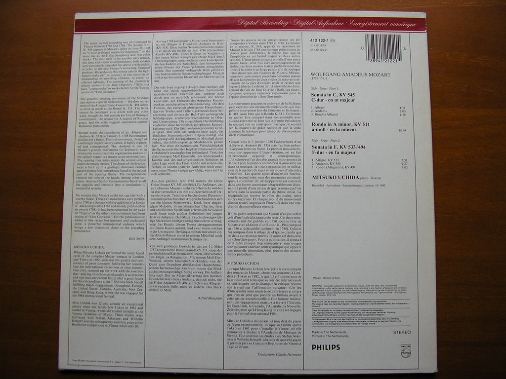 MOZART: PIANO SONATAS  K545 in C / K533+K494 in F / RONDO K511       MITSUKO UCHIDA     412 122