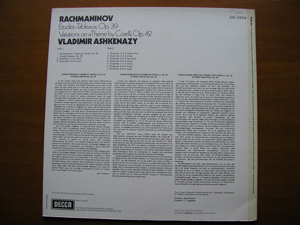RACHMANINOV: ETUDES TABLEAUX Op. 39 / CORELLI VARIATIONS Op. 42     VLADIMIR ASHKENAZY    SXL 6604