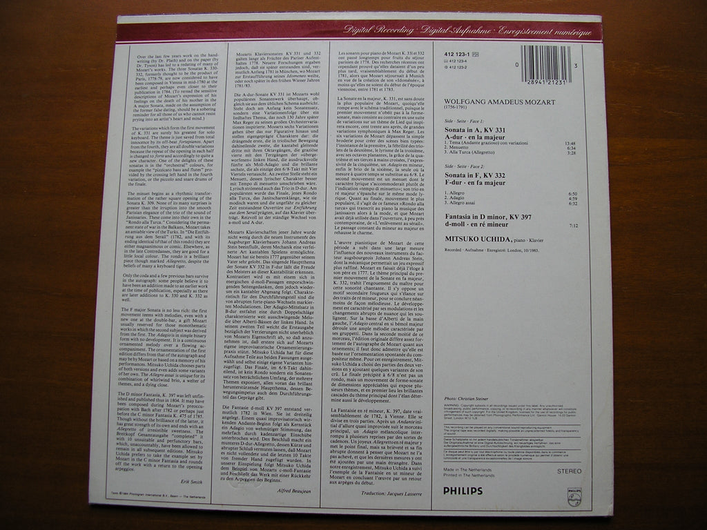 MOZART: PIANO SONATAS  K331 in A / K332 in F / FANTASIA  K397       MITSUKO UCHIDA     412 123