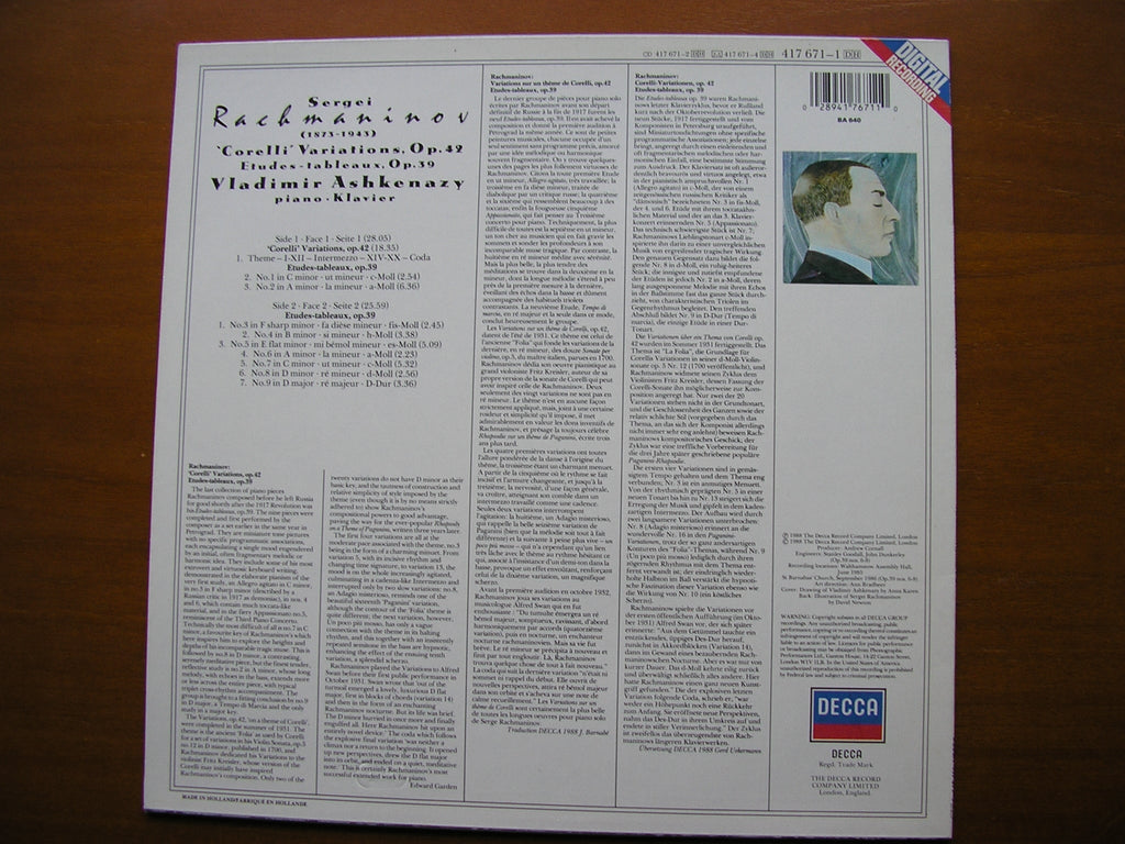 RACHMANINOV: ETUDES TABLEAUX Op. 39 / CORELLI VARIATIONS     VLADIMIR ASHKENAZY     417 671