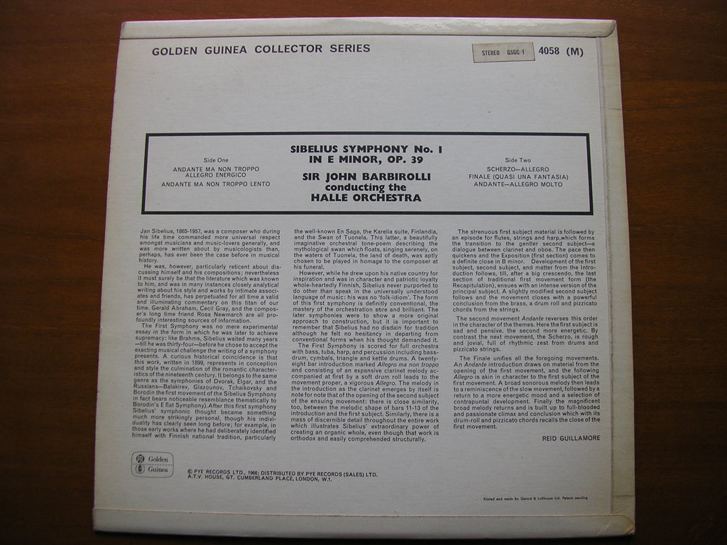 SIBELIUS: SYMPHONY No. 1    BARBIROLLI / HALLE ORCHESTRA    GSGC 14058