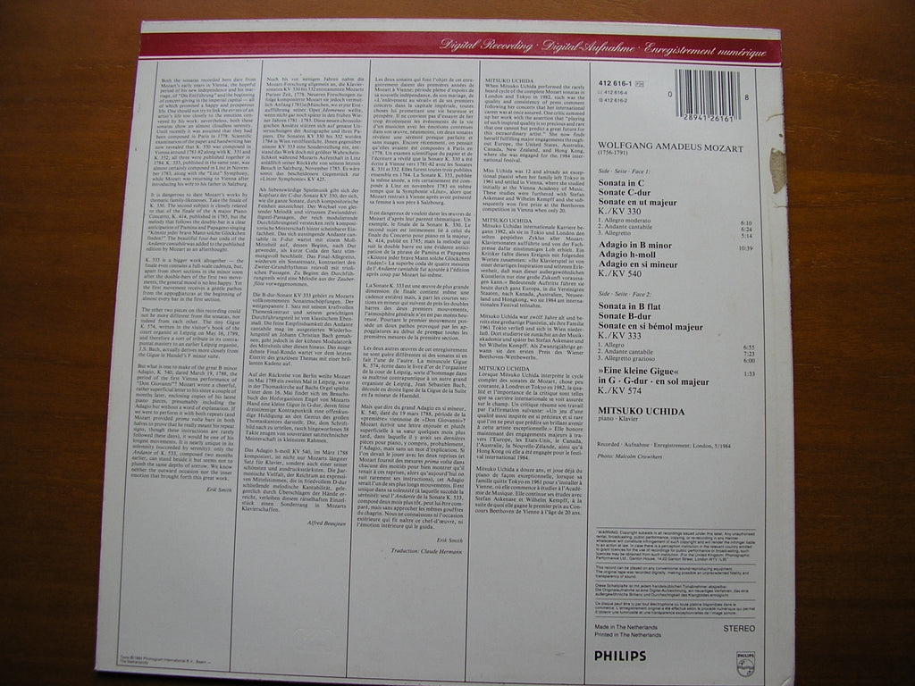 MOZART: PIANO SONATAS K330 in C / K333 in B / ADAGIO K540 / GIGUE K 574      MITSUKO UCHIDA     412 616