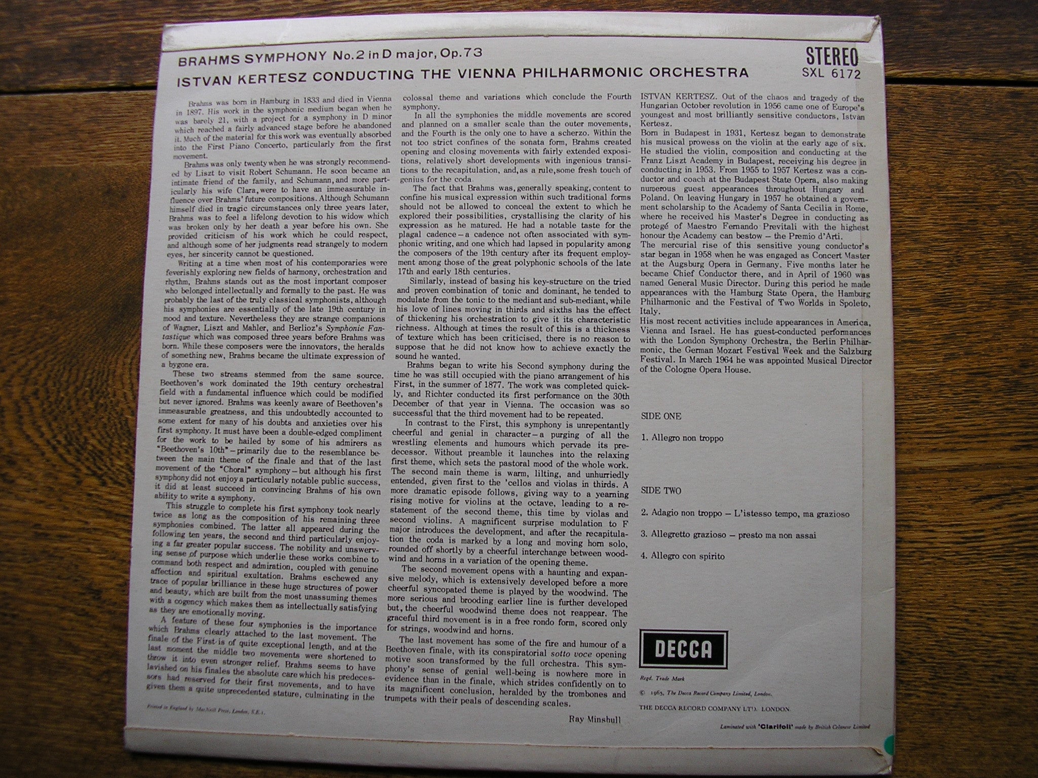 SXL 6172 BRAHMS: SYMPHONY No. 2 ISTVAN KERTESZ / VIENNA PHILHARMONIC
