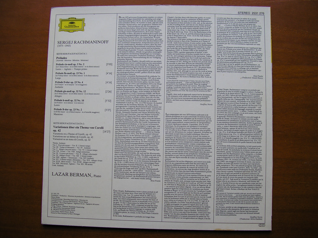 RACHMANINOV: CORELLI VARIATIONS / PRELUDES      LAZAR BERMAN       2531 276