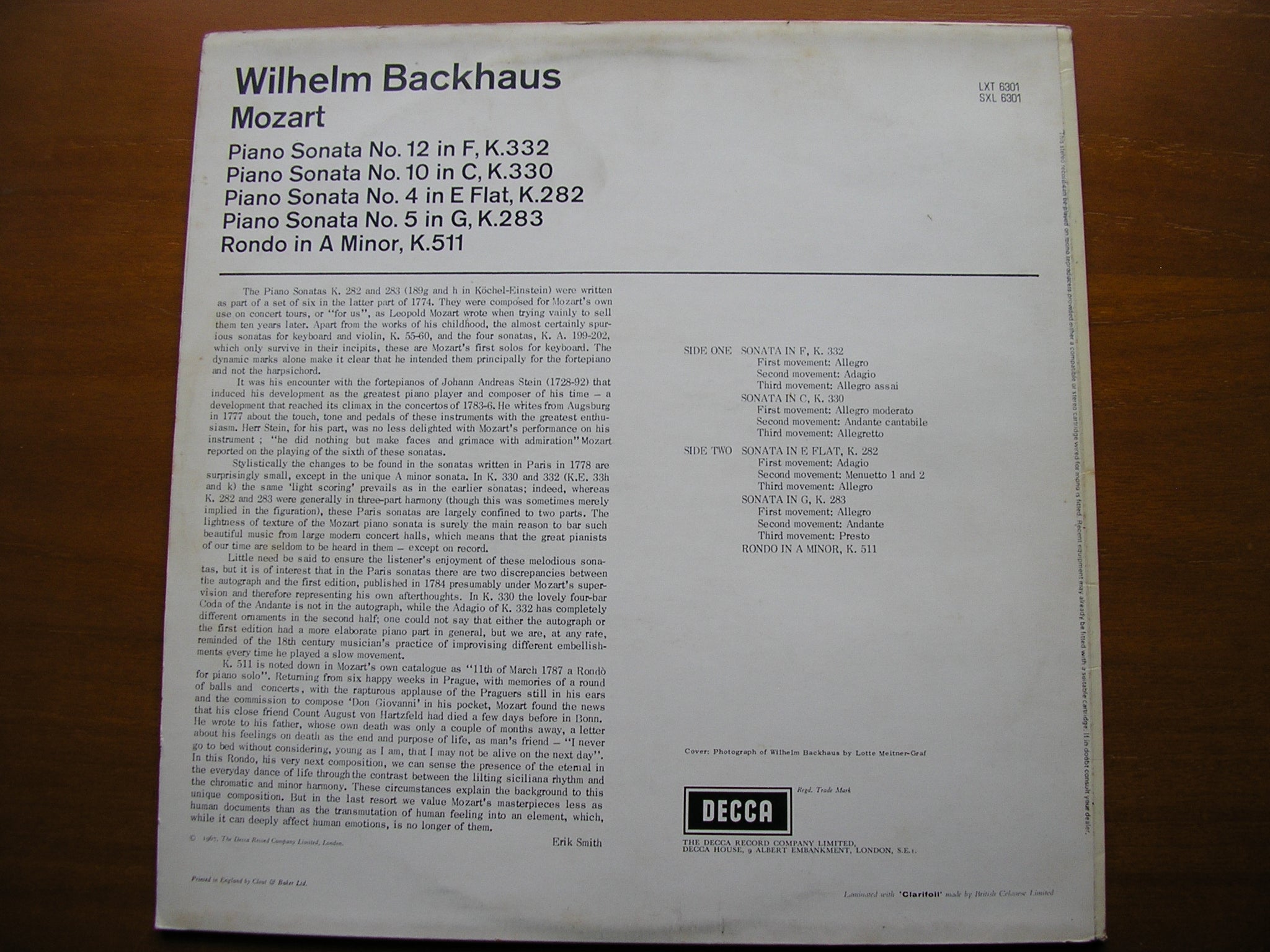 MOZART: PIANO SONATAS  K282 / K283 / K330 / K332 / RONDO K511   WILHELM BACKHAUS    SXL 6301