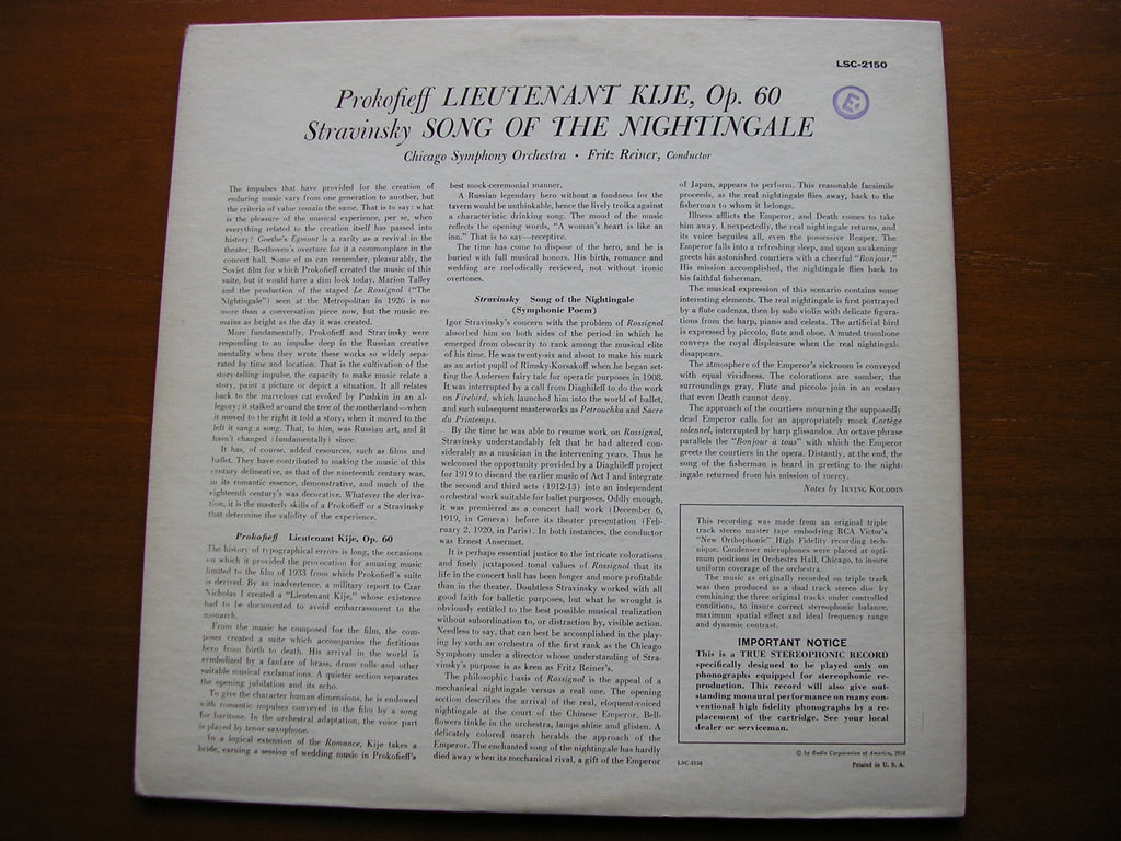 PROKOFIEV: LIEUTENANT KIJE / STRAVINSKY: SONG OF THE NIGHTINGALE   REINER / CHICAGO SYMPHONY   LSC 2150