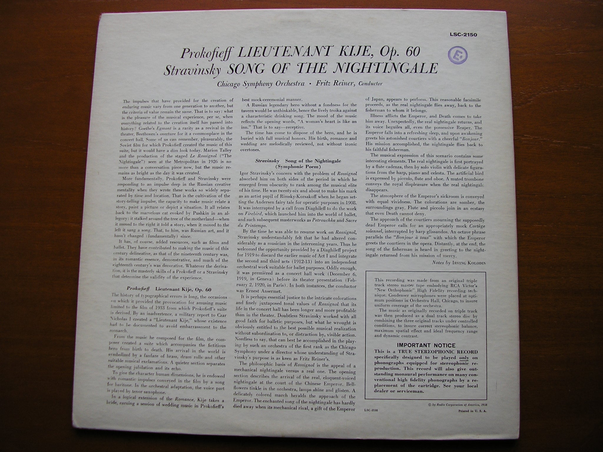 PROKOFIEV: LIEUTENANT KIJE / STRAVINSKY: SONG OF THE NIGHTINGALE   REINER / CHICAGO SYMPHONY   LSC 2150