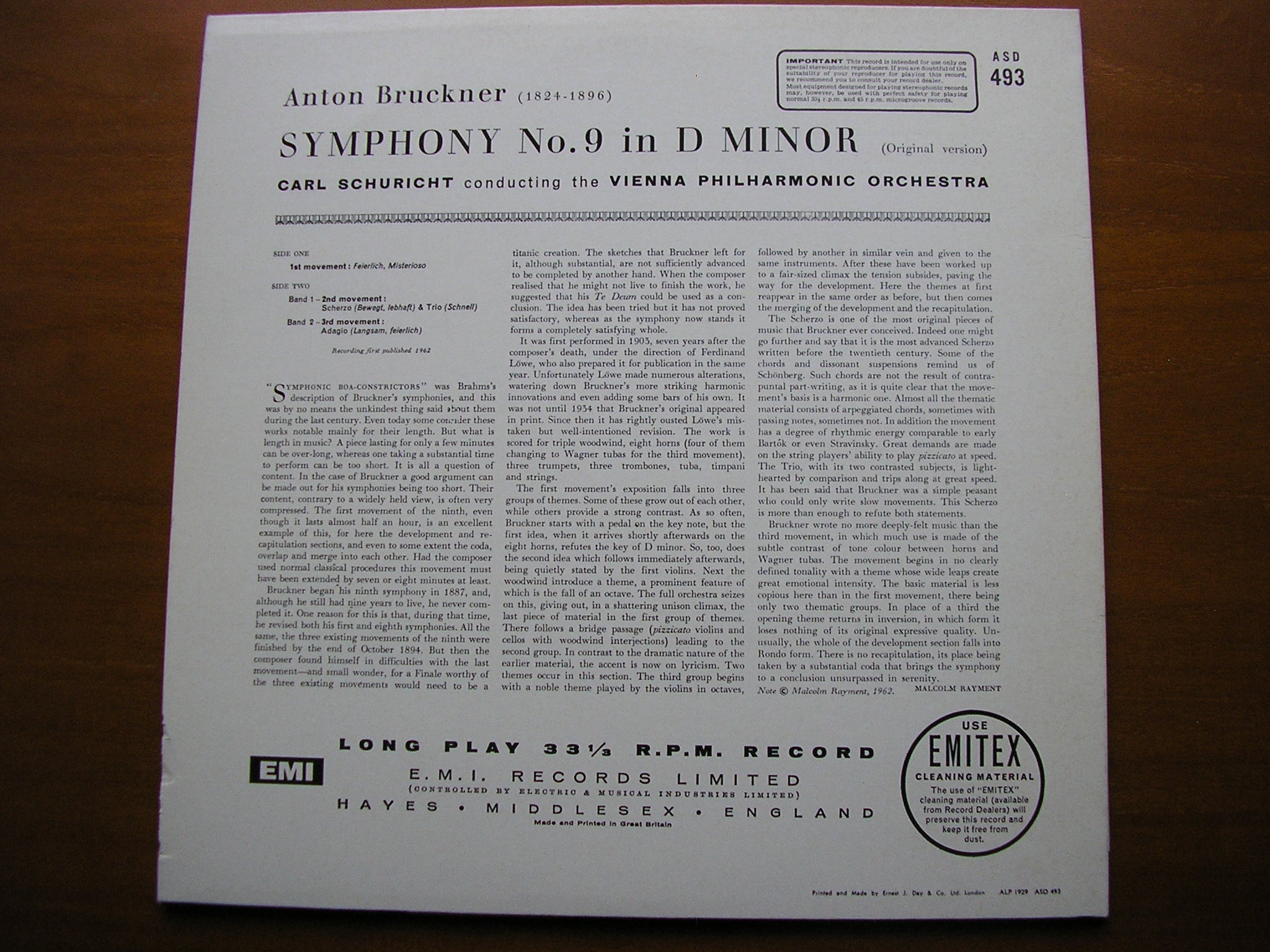 BRUCKNER: SYMPHONY No. 9      SCHURICHT / VIENNA PHILHARMONIC    ASD 493