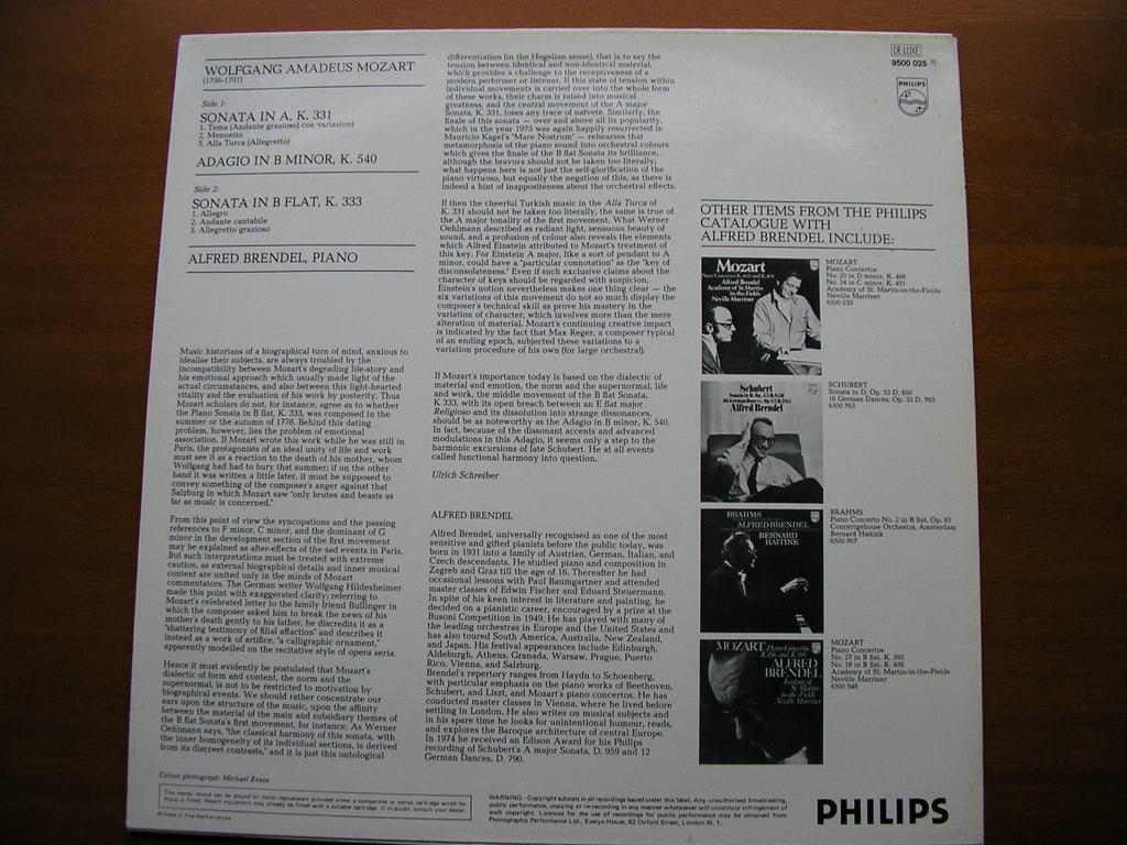 MOZART: PIANO SONATAS  K331 in A / K333 in B / ADAGIO K540      ALFRED BRENDEL    9500 025