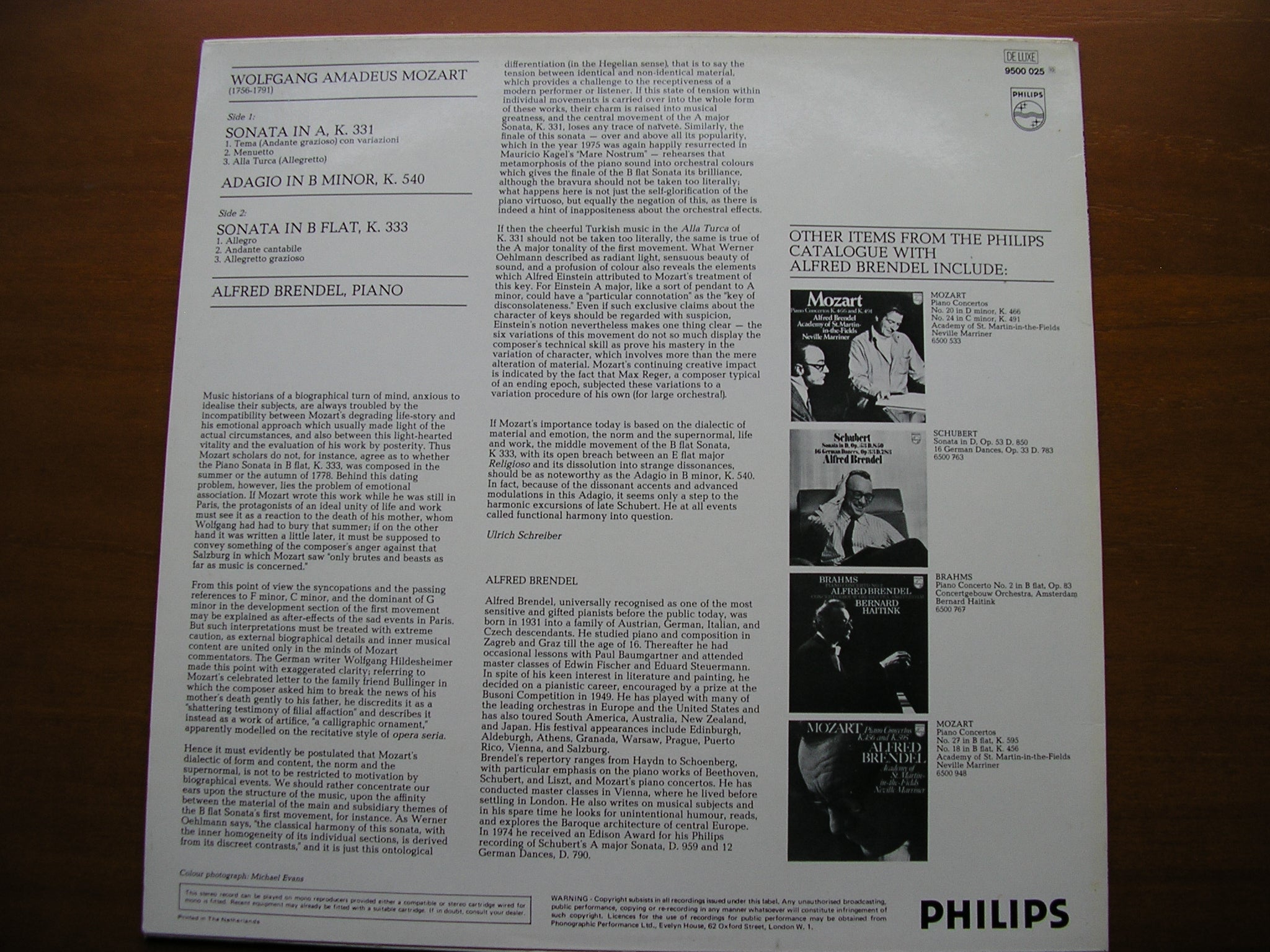 MOZART: PIANO SONATAS  K331 in A / K333 in B / ADAGIO K540      ALFRED BRENDEL    9500 025