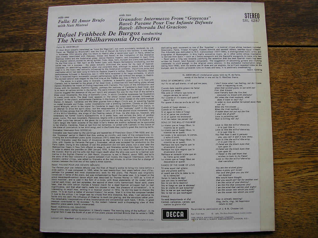 SXL 6287 FALLA: EL AMOR BRUJO / RAVEL: PAVANE / ALBORADA DE BURGOS / NEW PHILHARMONIA