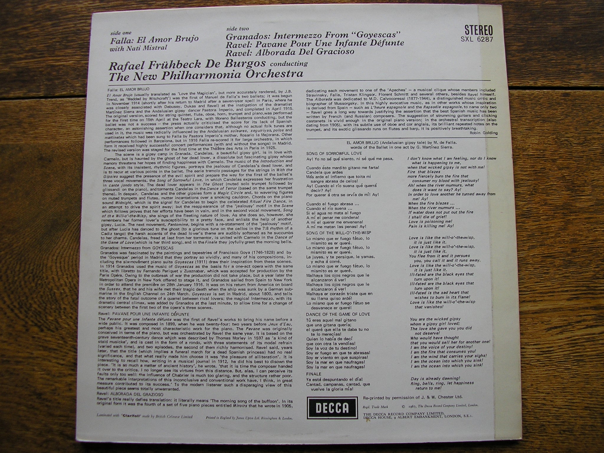 SXL 6287 FALLA: EL AMOR BRUJO / RAVEL: PAVANE / ALBORADA DE BURGOS / NEW PHILHARMONIA