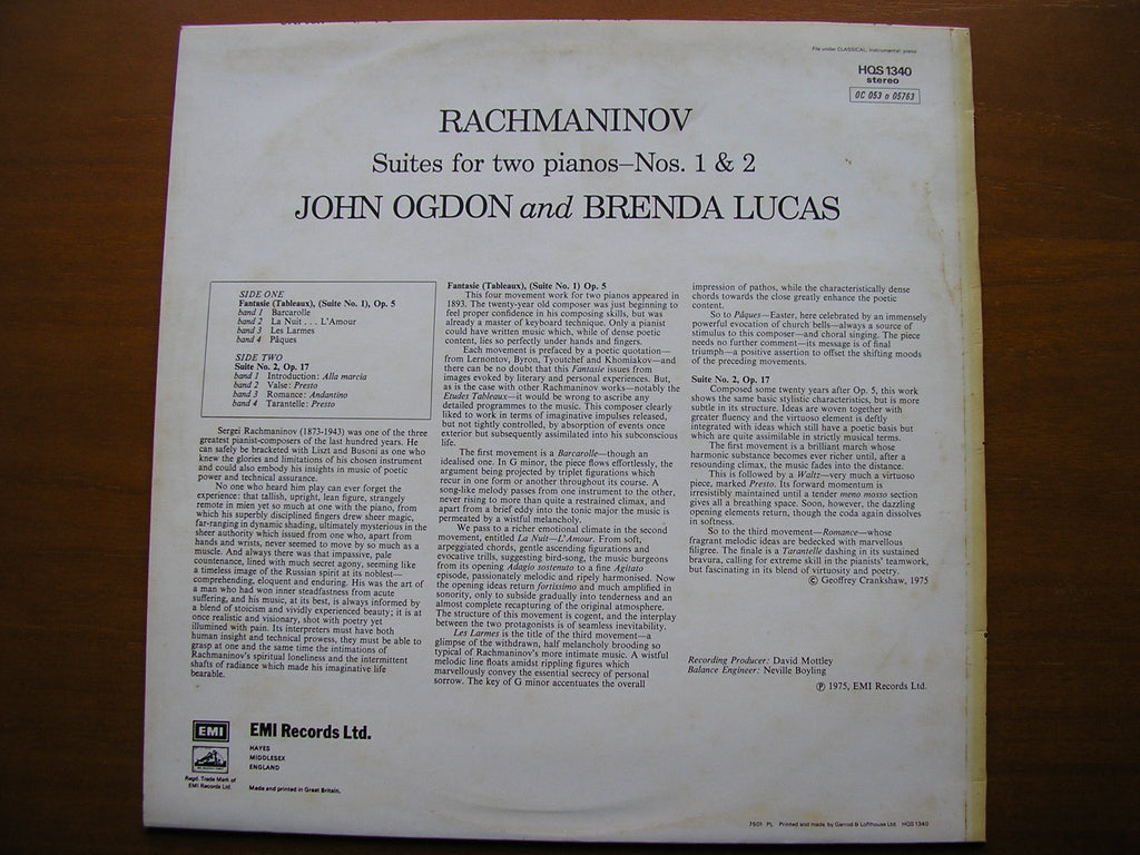 RACHMANINOV: SUITES Nos. 1 & 2 FOR TWO PIANOS      JOHN OGDON / BRENDA LUCAS     HQS 1340
