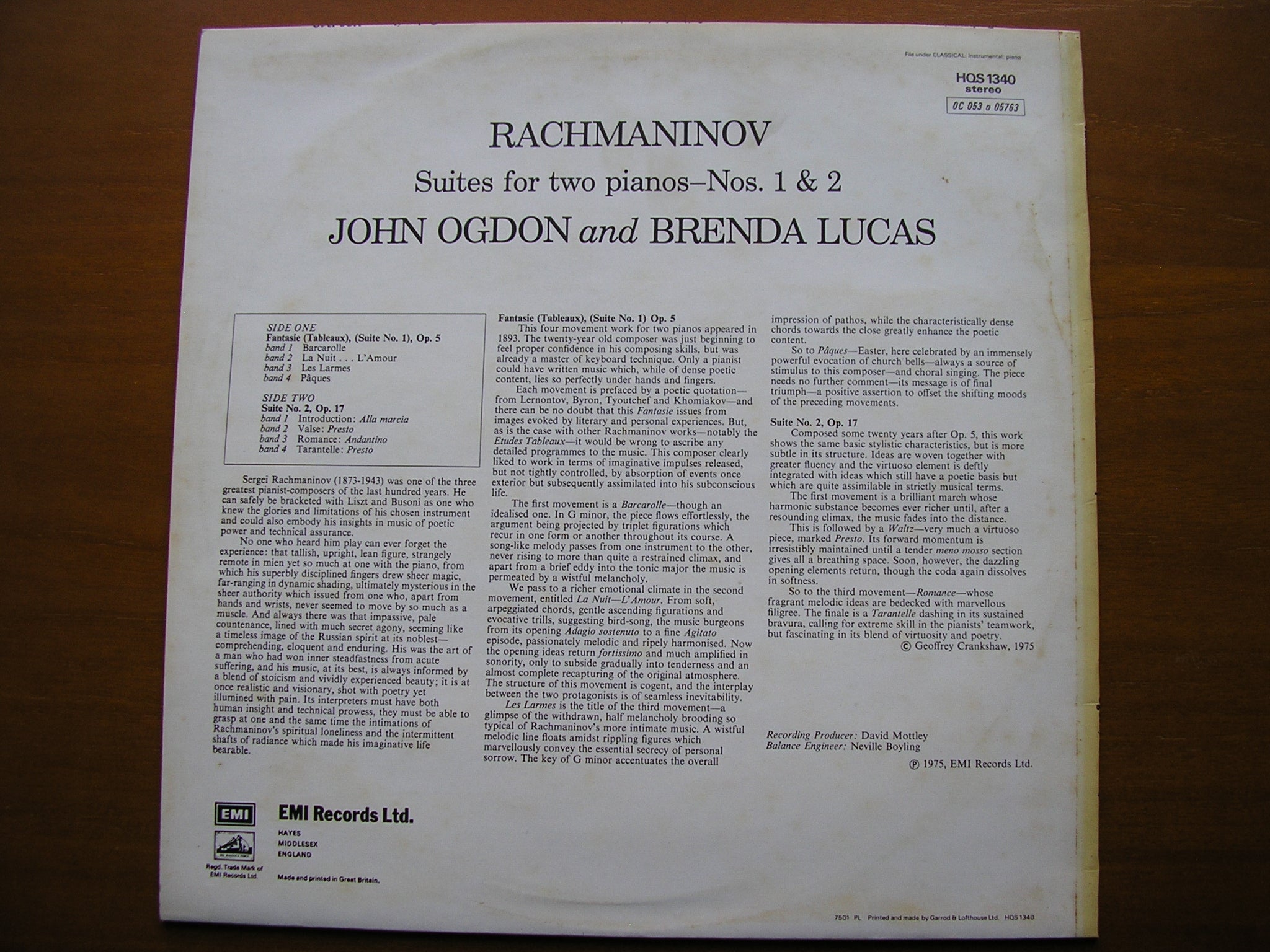 RACHMANINOV: SUITES Nos. 1 & 2 FOR TWO PIANOS      JOHN OGDON / BRENDA LUCAS     HQS 1340