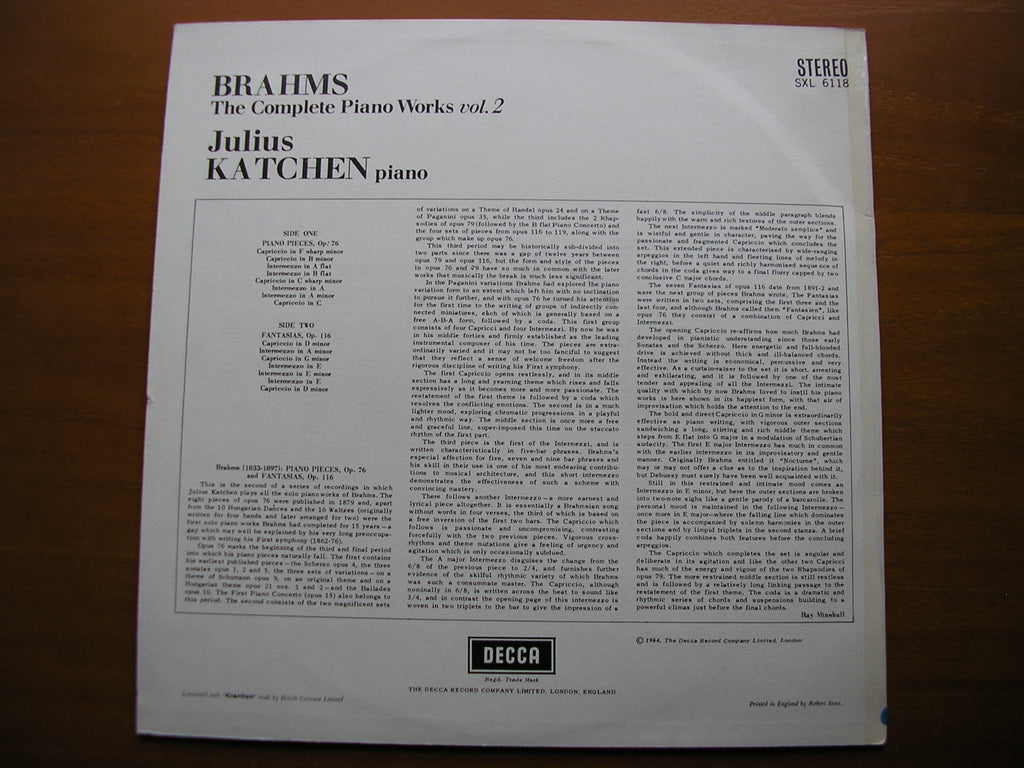 SXL 6118  BRAHMS: COMPLETE PIANO WORKS  Volume 2      JULIUS KATCHEN     ED1