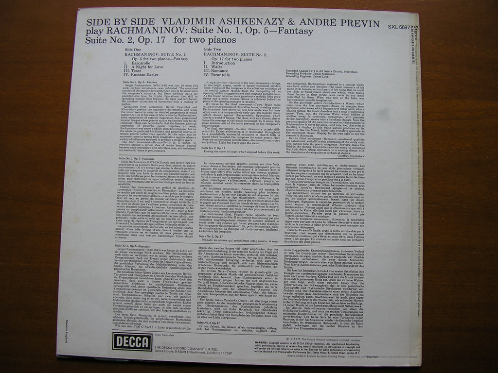 RACHMANINOV: SUITES Nos. 1 & 2 FOR TWO PIANOS     VLADIMIR ASHKENAZY / ANDRE PREVIN     SXL6697
