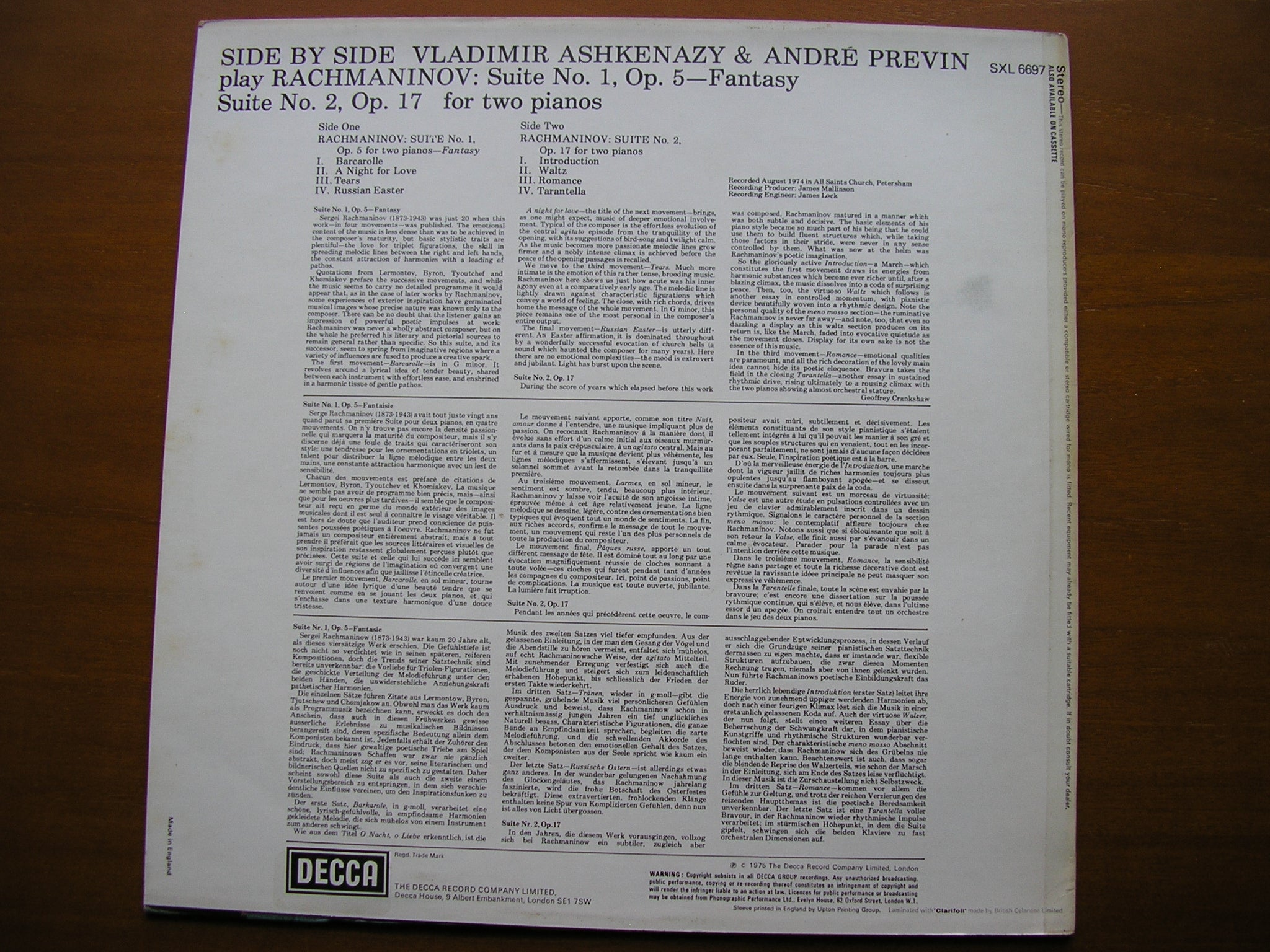 RACHMANINOV: SUITES Nos. 1 & 2 FOR TWO PIANOS     VLADIMIR ASHKENAZY / ANDRE PREVIN     SXL6697