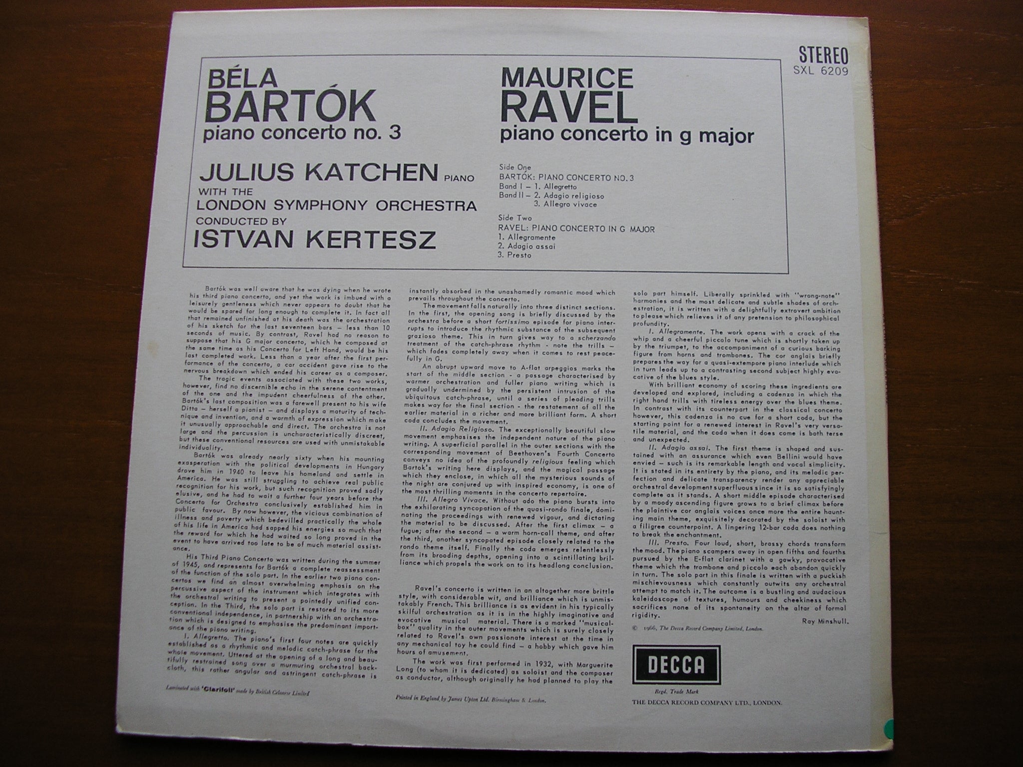 SXL 6209 BARTOK: PIANO CONCERTO No. 3 / RAVEL: PIANO CONCERTO in G JULIUS KATCHEN / LSO / ISTVAN KERTESZ