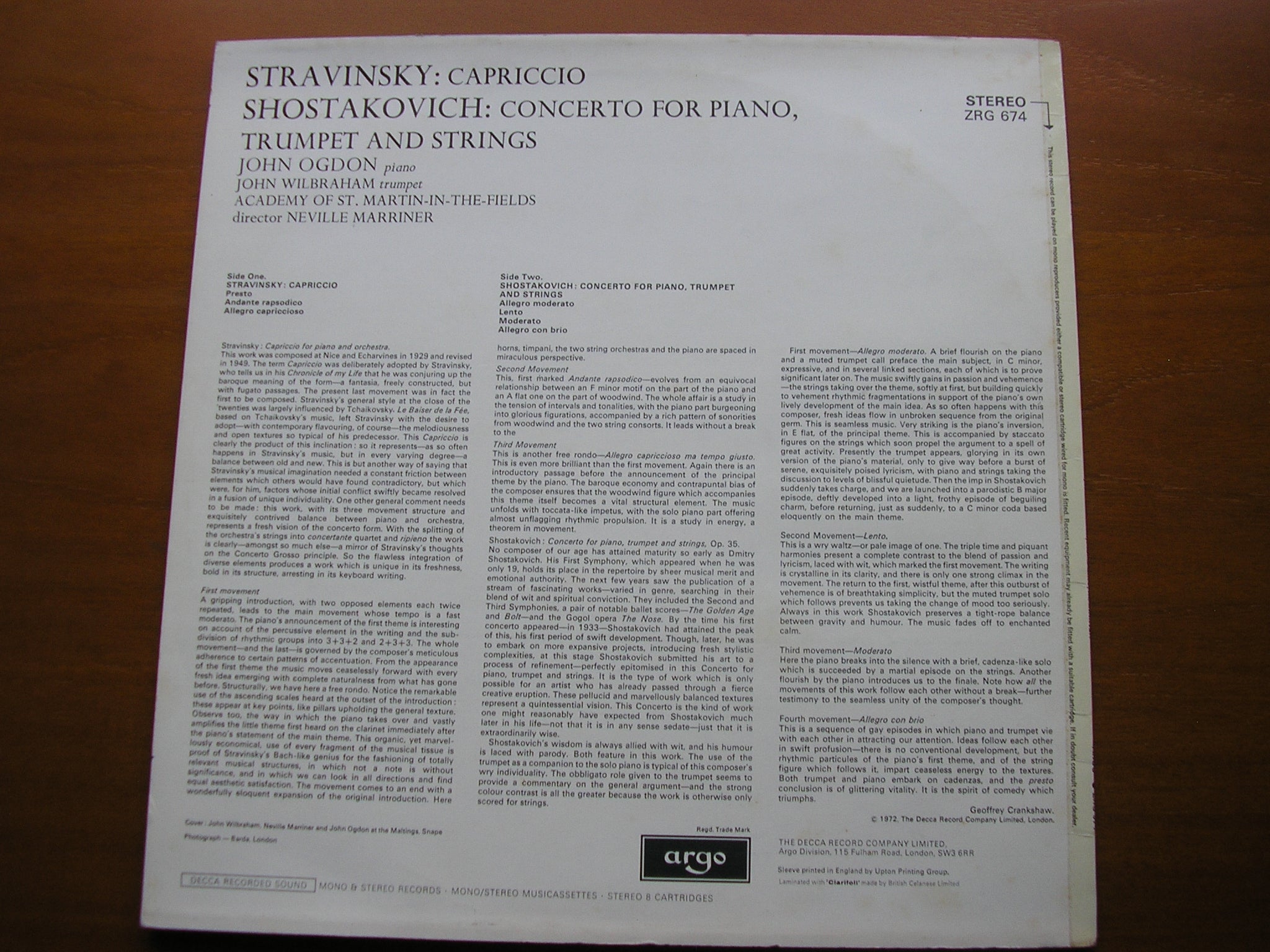 SHOSTAKOVICH: CONCERTO FOR PIANO, TRUMPET & STRINGS / STRAVINSKY: CAPRICCIO OGDON / WILBRAHAM / ASMIF / MARRINER ZRG 674