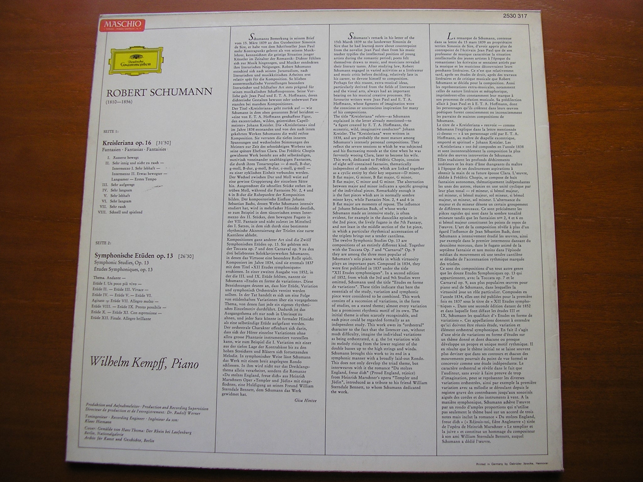 SCHUMANN: KREISLERIANA / SYMPHONISCHE ETUDEN      WILHELM KEMPFF    2530 317