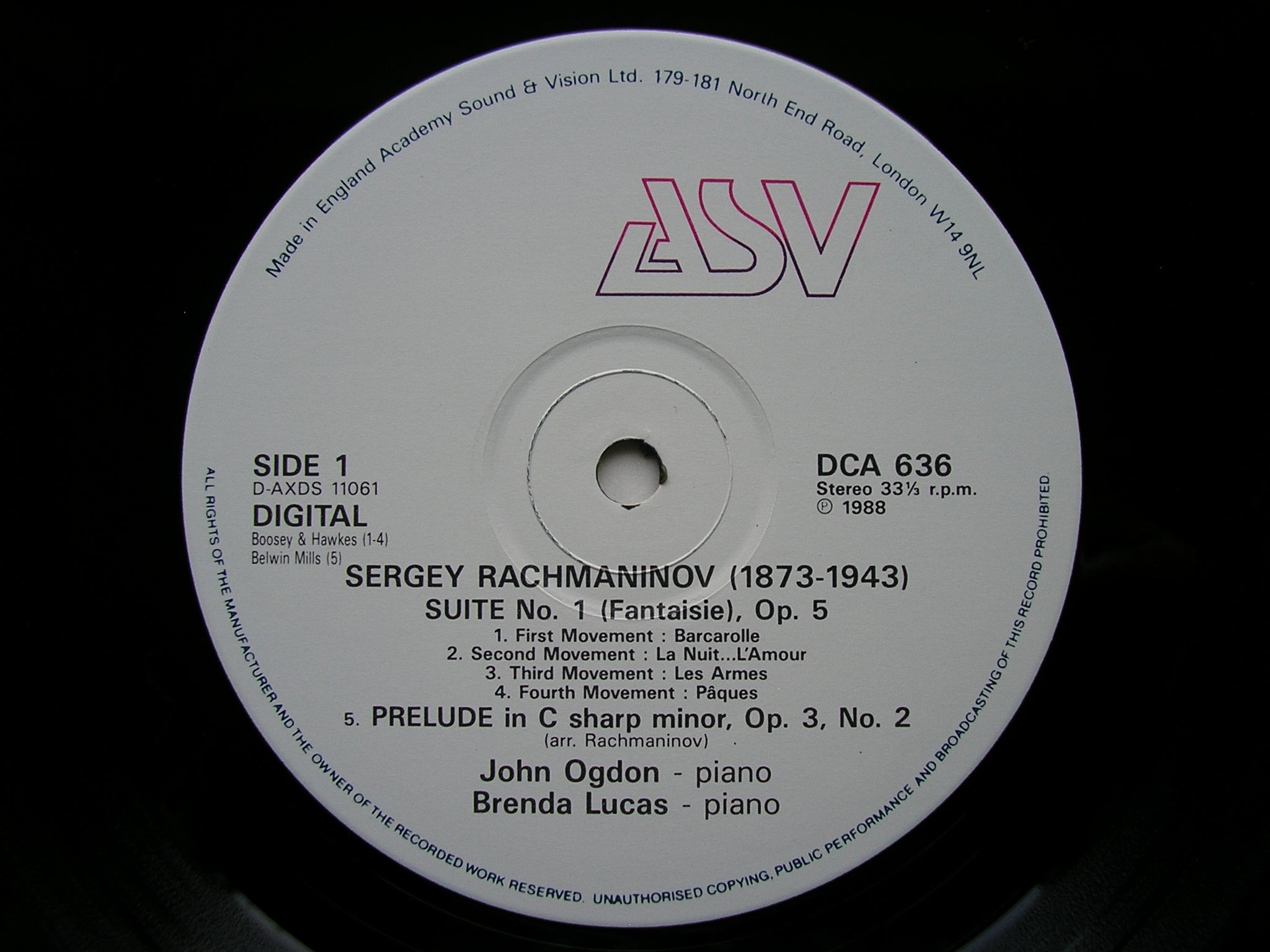 RACHMANINOV: SUITES Nos. 1 & 2  FOR TWO PIANOS / PRELUDE / RUSSIAN RHAPSODY     OGDON / LUCAS      DCA 636