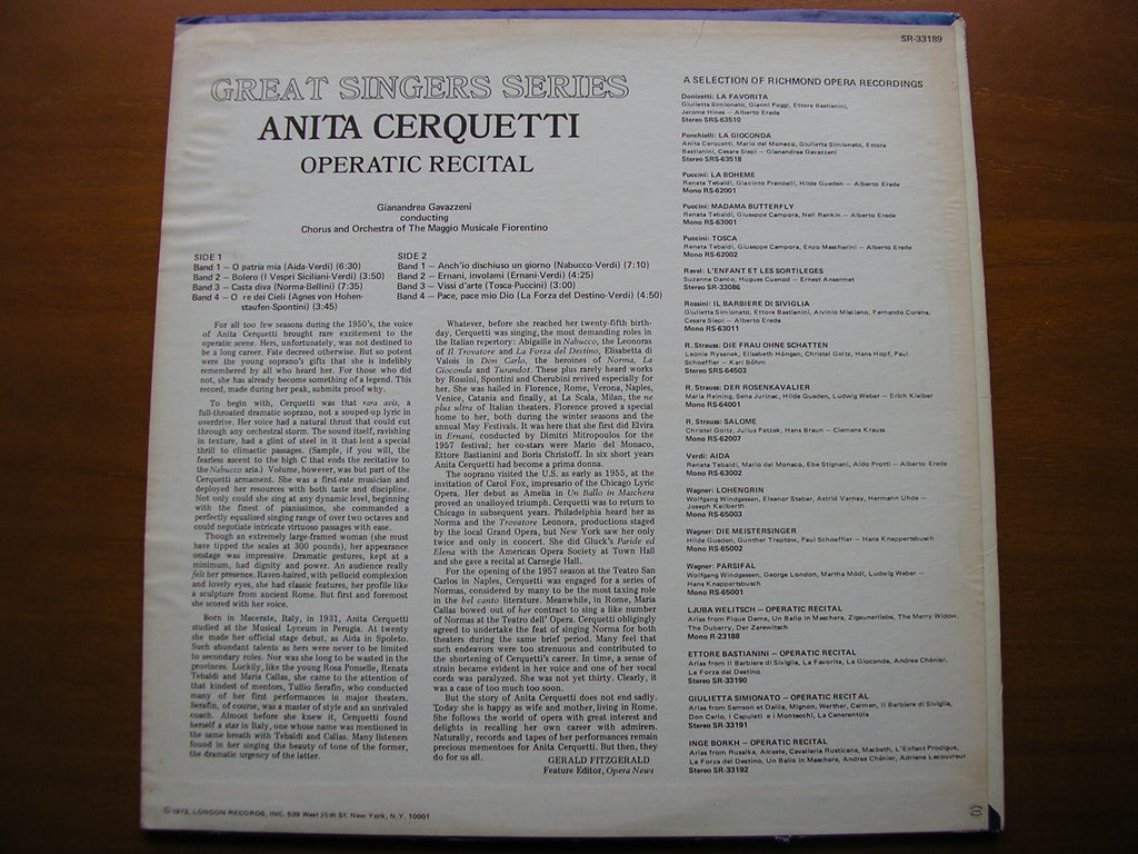 ANITA CERQUETTI SINGS OPERATIC ARIAS: VERDI / BELLINI / SPONTINI / PUCCINI     CERQUETTI / MMF / GAVAZZENI    SR 33189