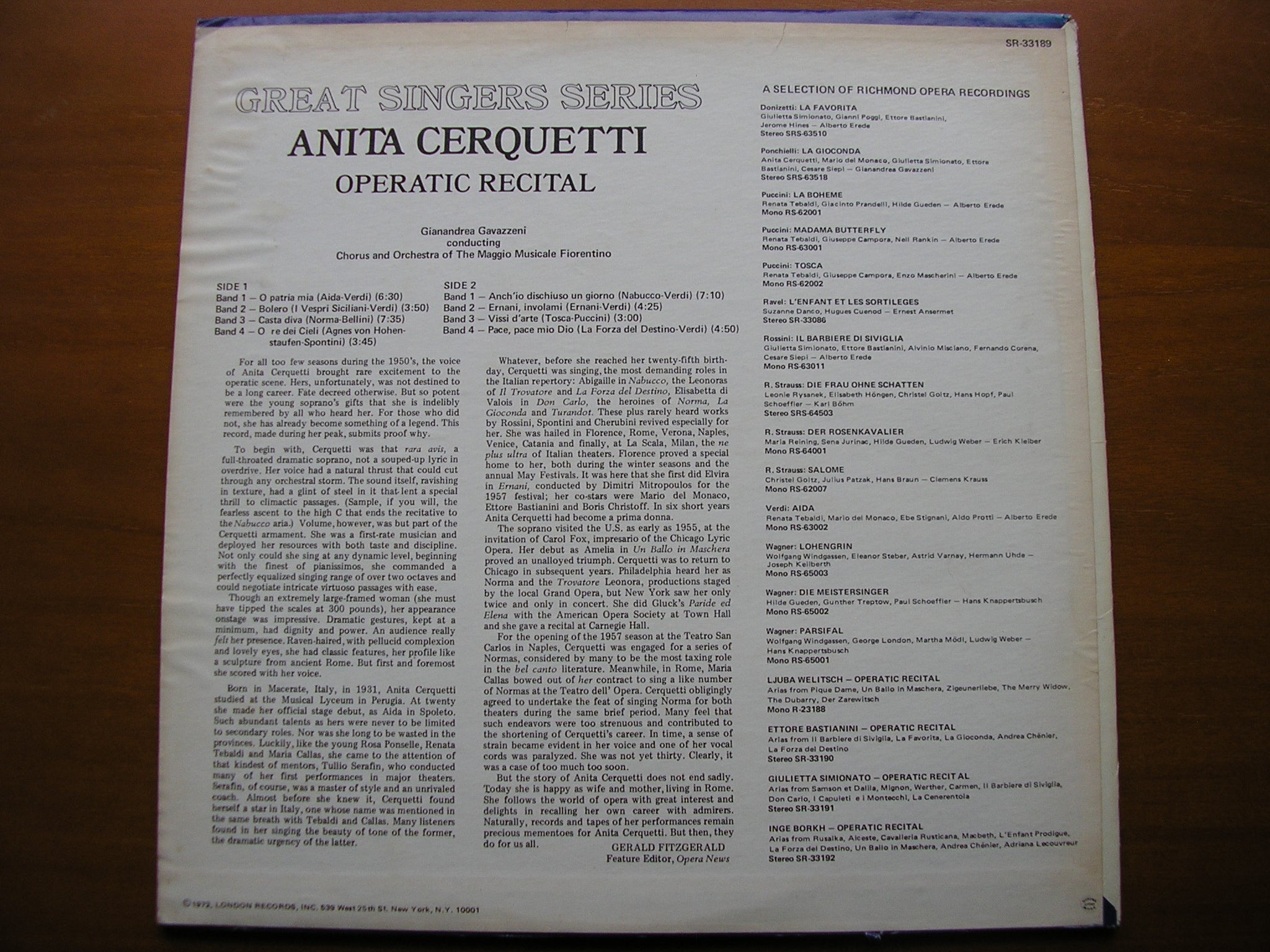ANITA CERQUETTI SINGS OPERATIC ARIAS: VERDI / BELLINI / SPONTINI / PUCCINI     CERQUETTI / MMF / GAVAZZENI    SR 33189