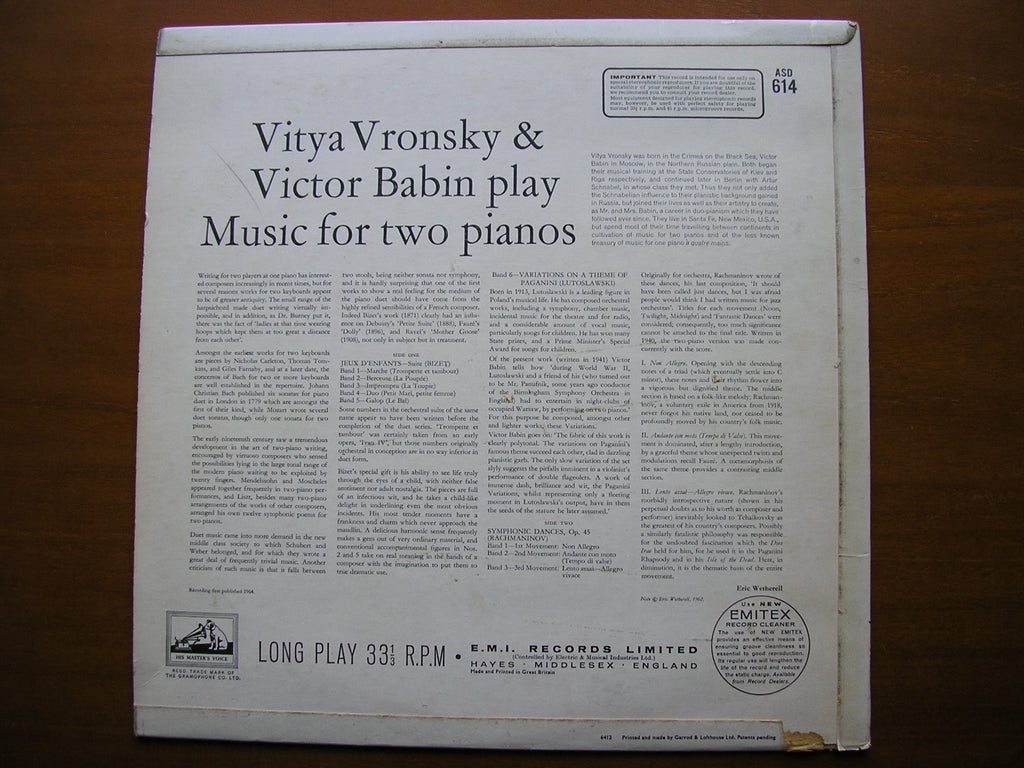 MUSIC FOR TWO PIANOS: RACHMANINOV / BIZET / LUTOSLAWSKI      VRONSKY & BABIN     ASD 614