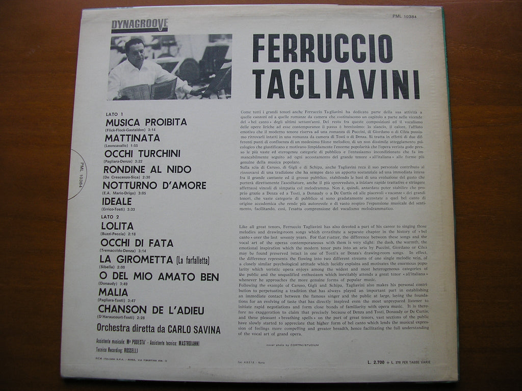 FERRUCCIO TAGLIAVINI SINGS ITALIAN SONGS: TOSTI / DENZA / DONAUDY / GASTALDON     PML 10384