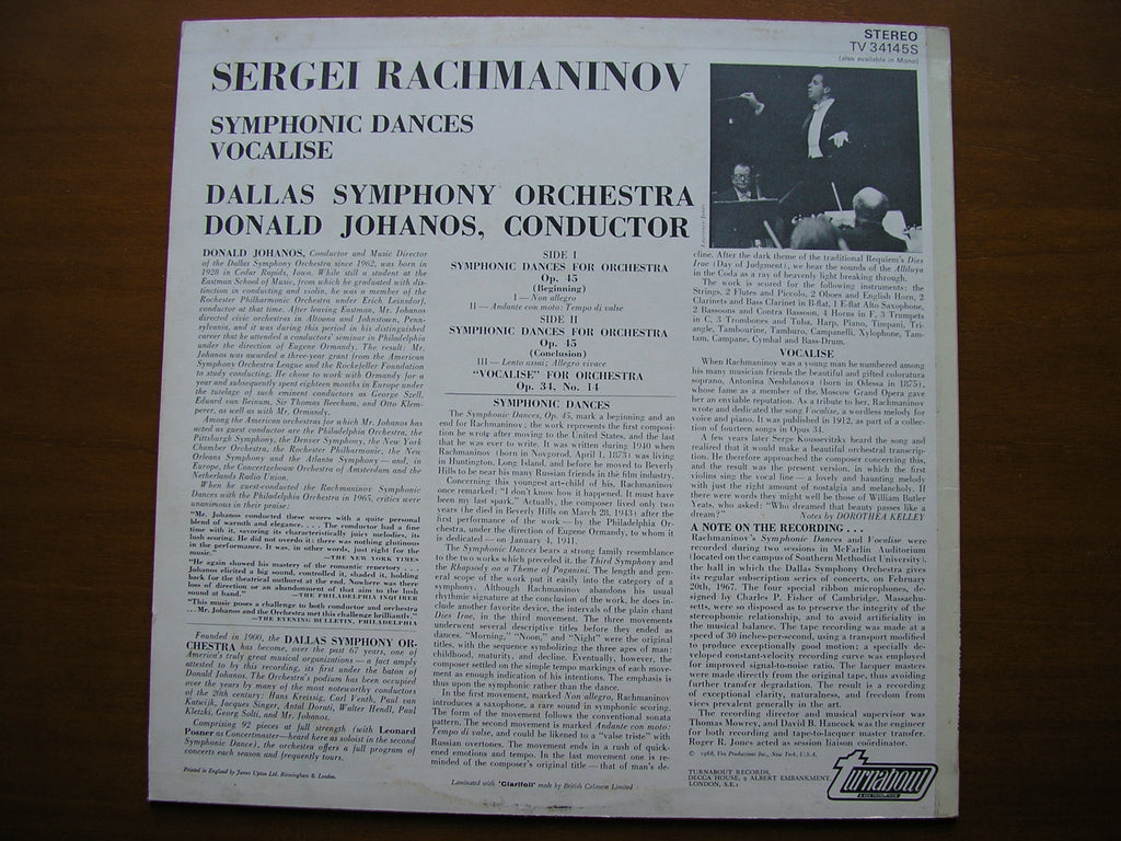 RACHMANINOV: SYMPHONIC DANCES / VOCALISE     JOHANOS / DALLAS SYMPHONY    TV 34145S