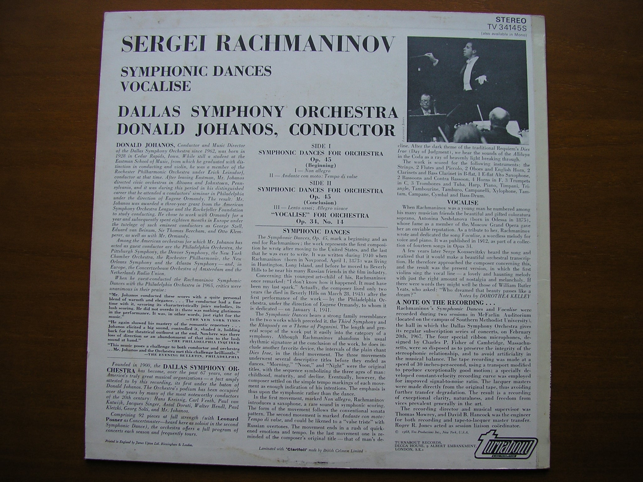 RACHMANINOV: SYMPHONIC DANCES / VOCALISE     JOHANOS / DALLAS SYMPHONY    TV 34145S