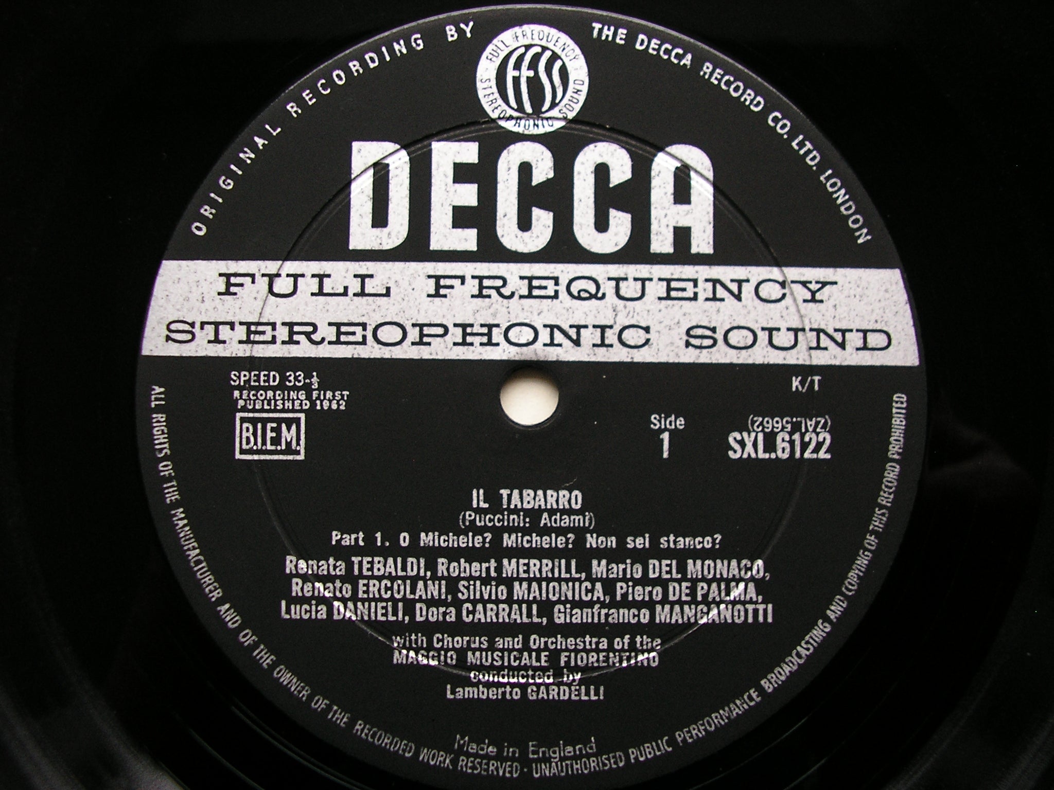 SXL 6122  PUCCINI: IL TABARRO     TEBALDI / DEL MONACO / MERRILL / MMF / GARDELLI     ED1