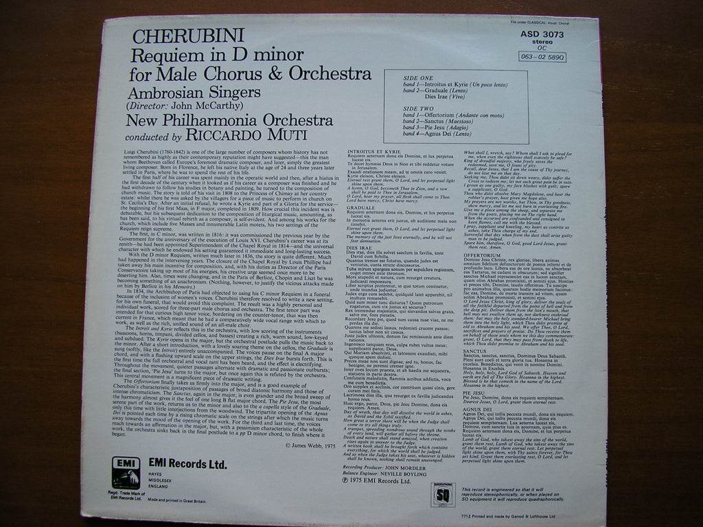 CHERUBINI: REQUIEM  (1836)    AMBROSIAN SINGERS / NEW PHILHARMONIA / MUTI     ASD 3073