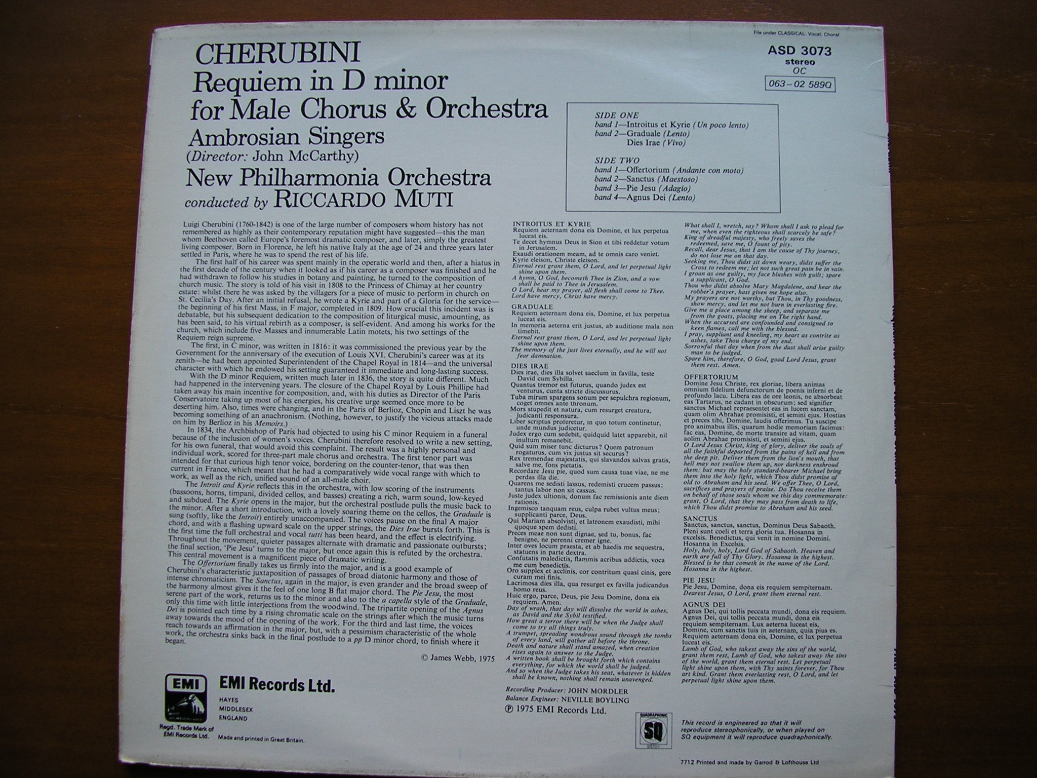 CHERUBINI: REQUIEM  (1836)    AMBROSIAN SINGERS / NEW PHILHARMONIA / MUTI     ASD 3073