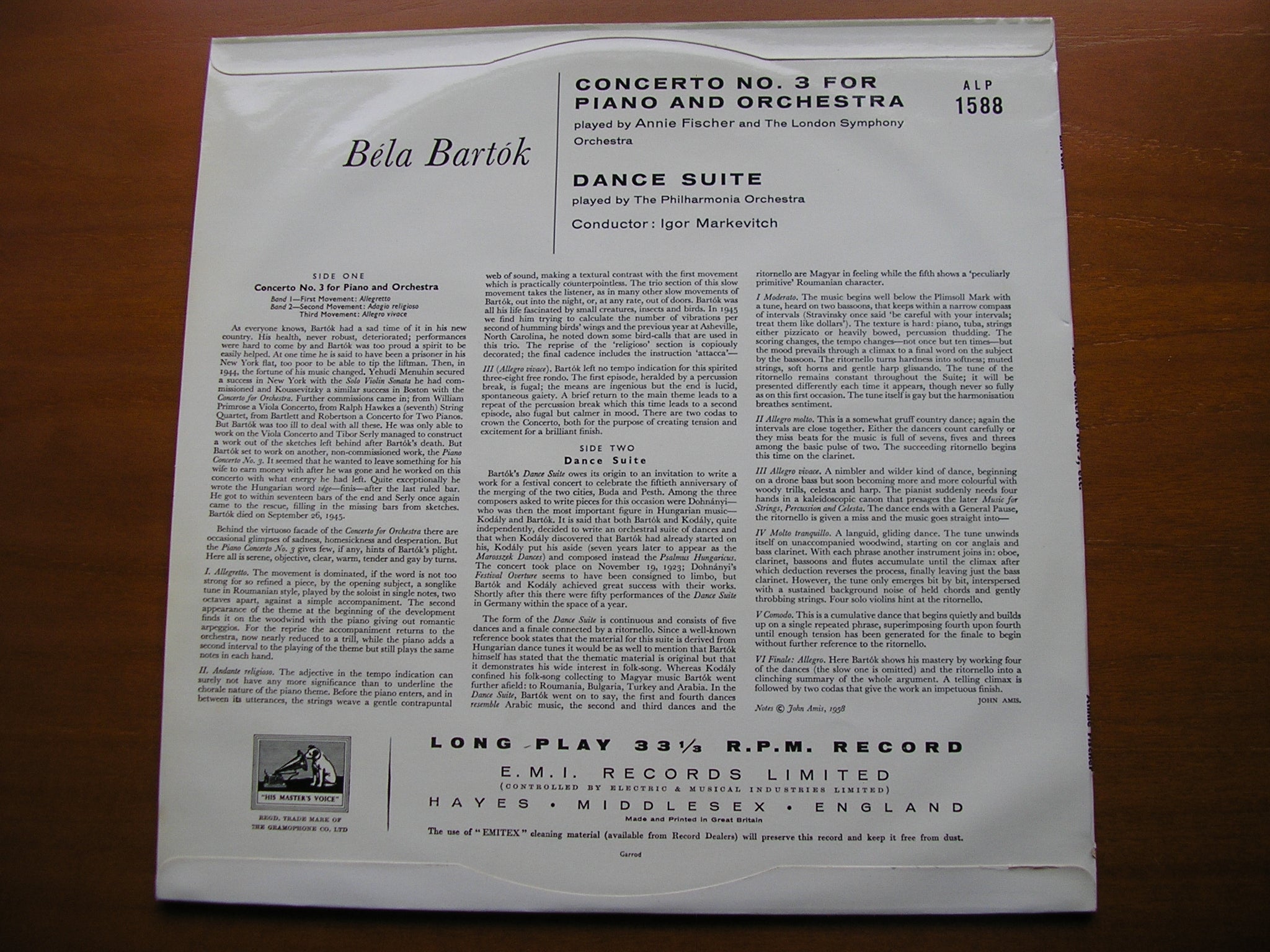 BARTOK: PIANO CONCERTO No. 3 / DANCE SUITE      FISCHER / LONDON SYMPHONY / PHILHARMONIA / MARKEVITCH     ALP 1588