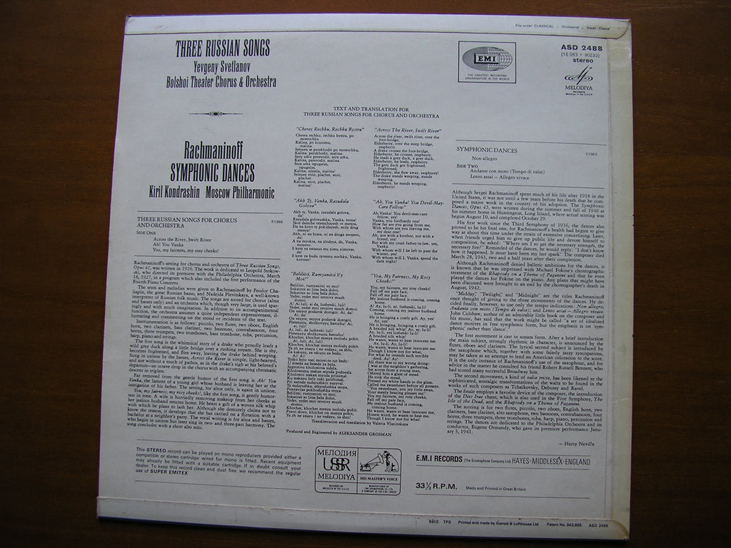 RACHMANINOV: SYMPHONIC DANCES / THREE RUSSIAN SONGS    KONDRASHIN / MPO / SVETLANOV / BOLSHOI     ASD 2488
