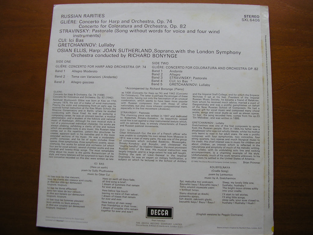 SXL 6406 RUSSIAN RARITIES: GLIERE / STRAVINSKY / CUI / GRETCHANINOV SUTHERLAND / ELLIS / LONDON SYMPHONY / BONYNGE