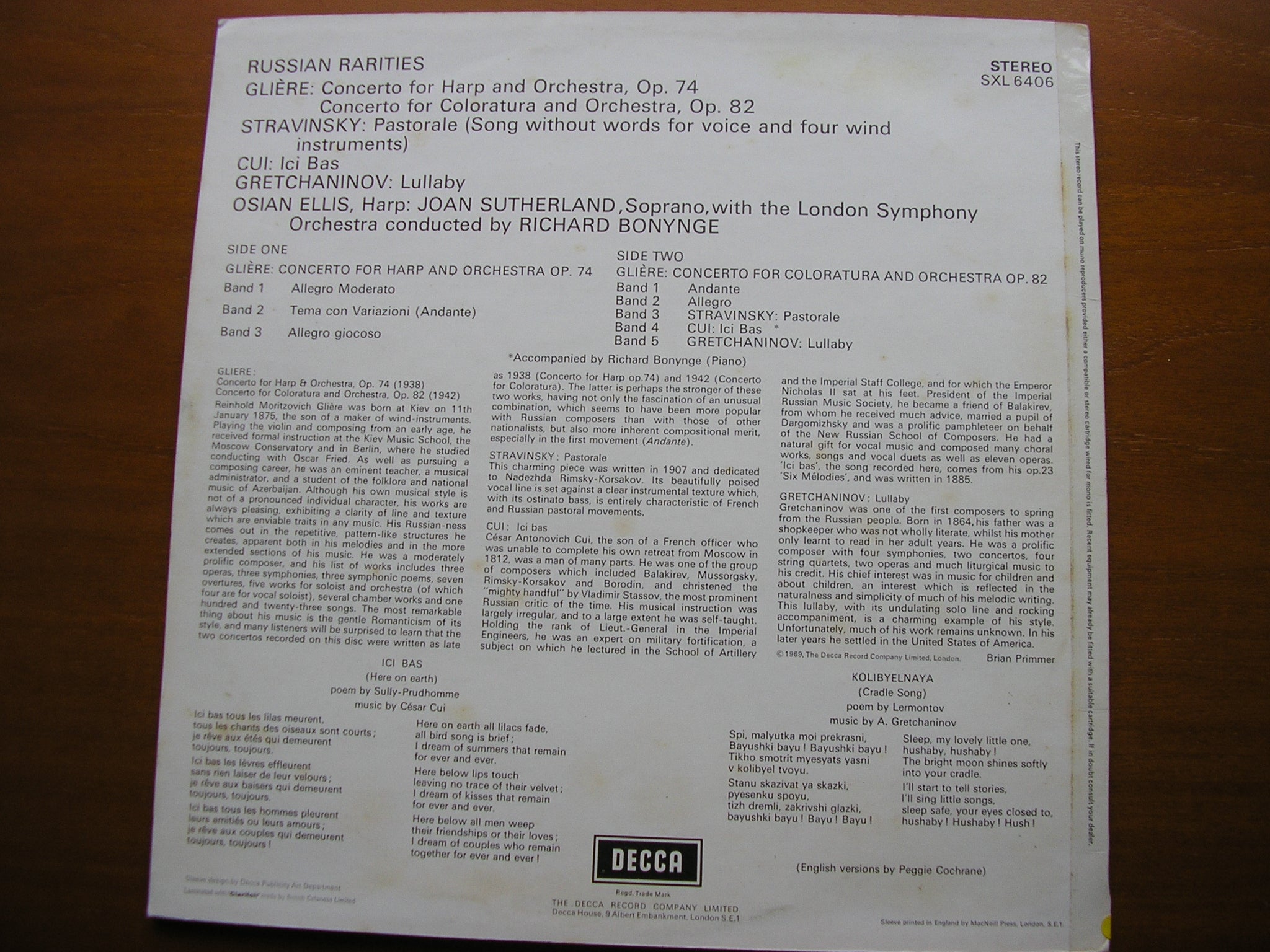 SXL 6406 RUSSIAN RARITIES: GLIERE / STRAVINSKY / CUI / GRETCHANINOV SUTHERLAND / ELLIS / LONDON SYMPHONY / BONYNGE