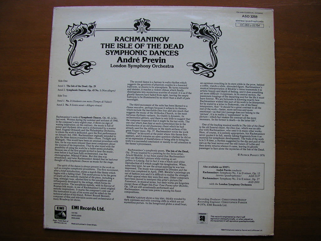 RACHMANINOV: SYMPHONIC DANCES / THE ISLE OF THE DEAD      PREVIN / LONDON SYMPHONY     ASD 3259