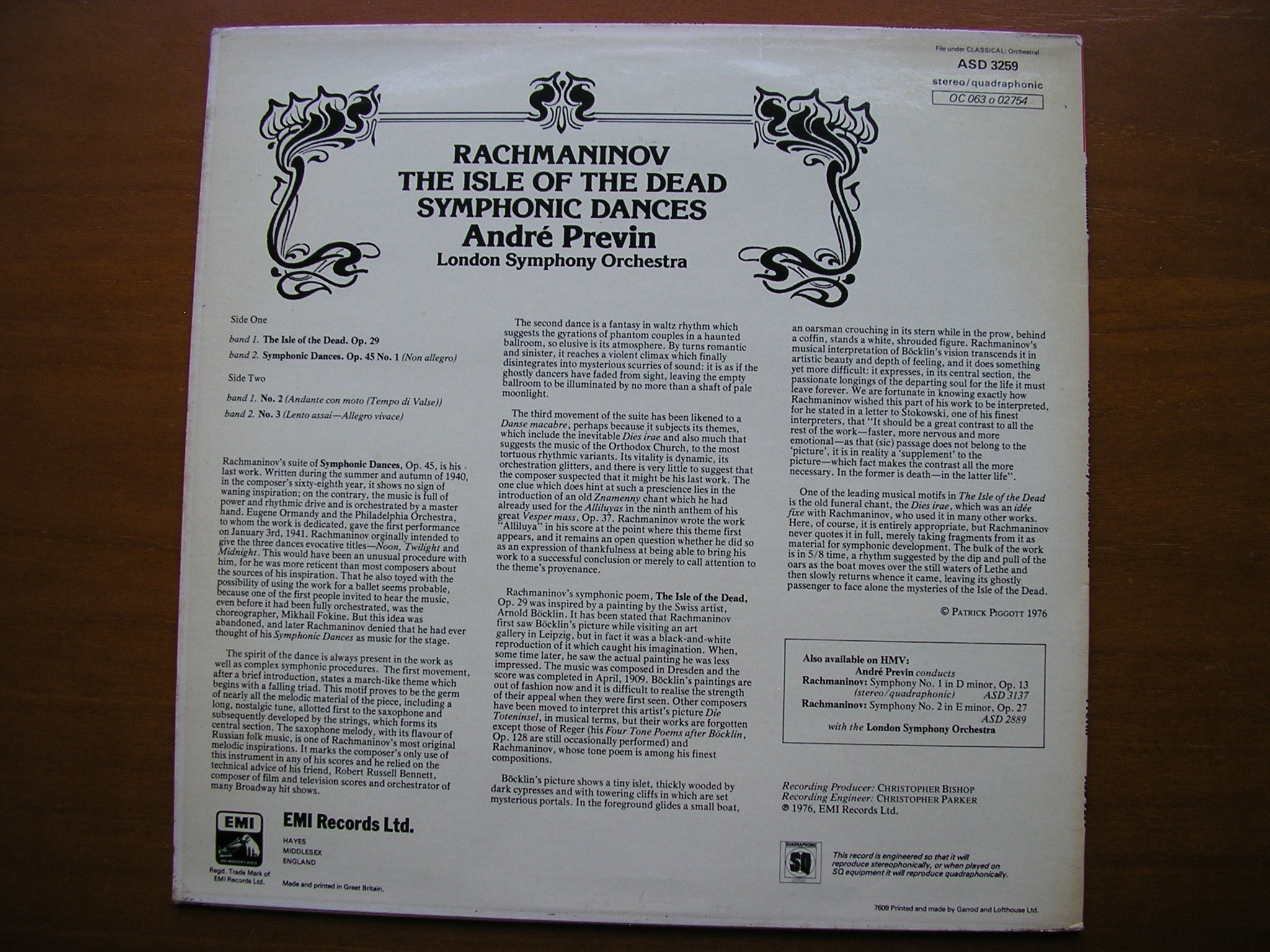 RACHMANINOV: SYMPHONIC DANCES / THE ISLE OF THE DEAD      PREVIN / LONDON SYMPHONY     ASD 3259