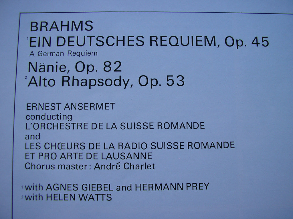 BRAHMS: EIN DEUTSCHES REQUIEM / ALTO RHAPSODY / NANIE      SOLOISTS / SUISSE ROMANDE / ANSERMET    2LP     SET 333 /4