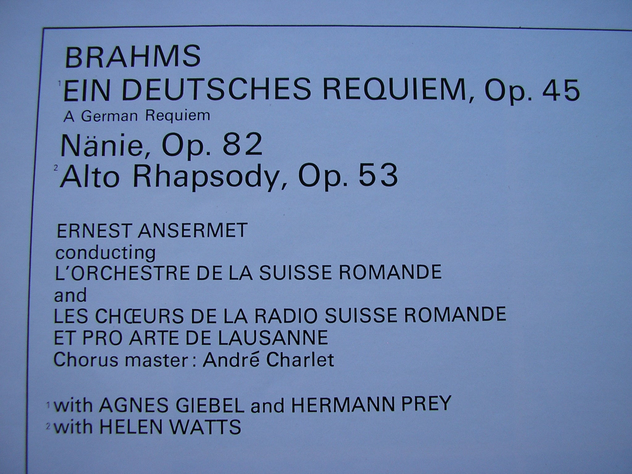BRAHMS: EIN DEUTSCHES REQUIEM / ALTO RHAPSODY / NANIE      SOLOISTS / SUISSE ROMANDE / ANSERMET    2LP     SET 333 /4