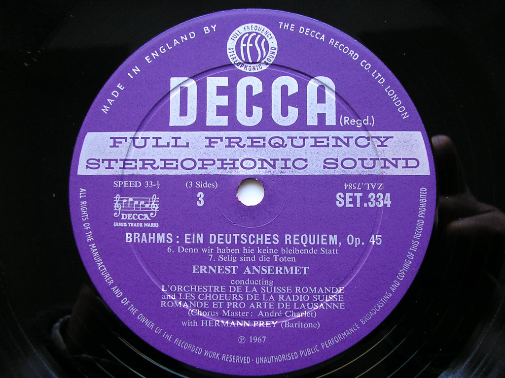BRAHMS: EIN DEUTSCHES REQUIEM / ALTO RHAPSODY / NANIE      SOLOISTS / SUISSE ROMANDE / ANSERMET    2LP     SET 333 /4