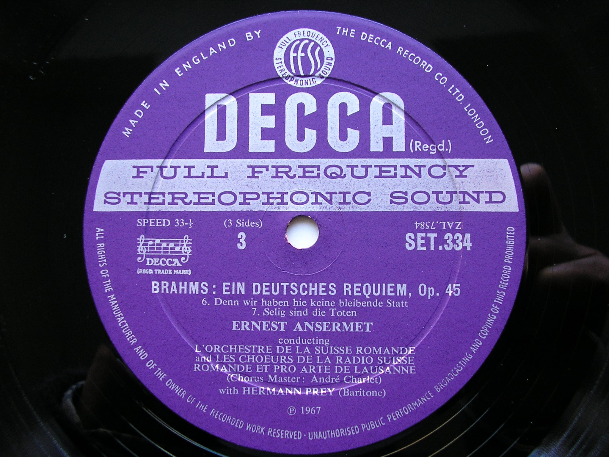 BRAHMS: EIN DEUTSCHES REQUIEM / ALTO RHAPSODY / NANIE      SOLOISTS / SUISSE ROMANDE / ANSERMET    2LP     SET 333 /4