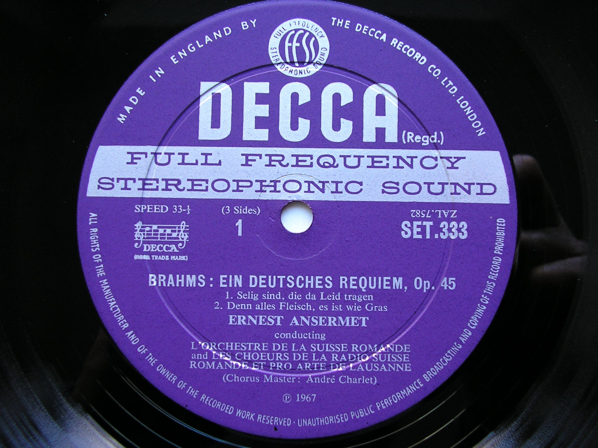 BRAHMS: EIN DEUTSCHES REQUIEM / ALTO RHAPSODY / NANIE      SOLOISTS / SUISSE ROMANDE / ANSERMET    2LP     SET 333 /4