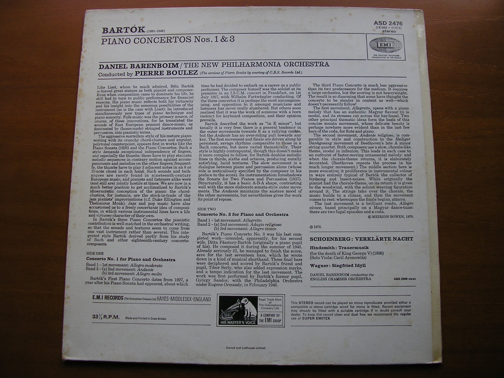 BARTOK: PIANO CONCERTOS Nos. 1 & 3      BARENBOIM / NEW PHILHARMONIA / PIERRE BOULEZ     ASD 2476